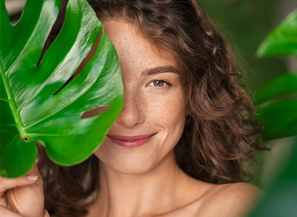 Image of a smiling woman having an eye closed with a big leaf